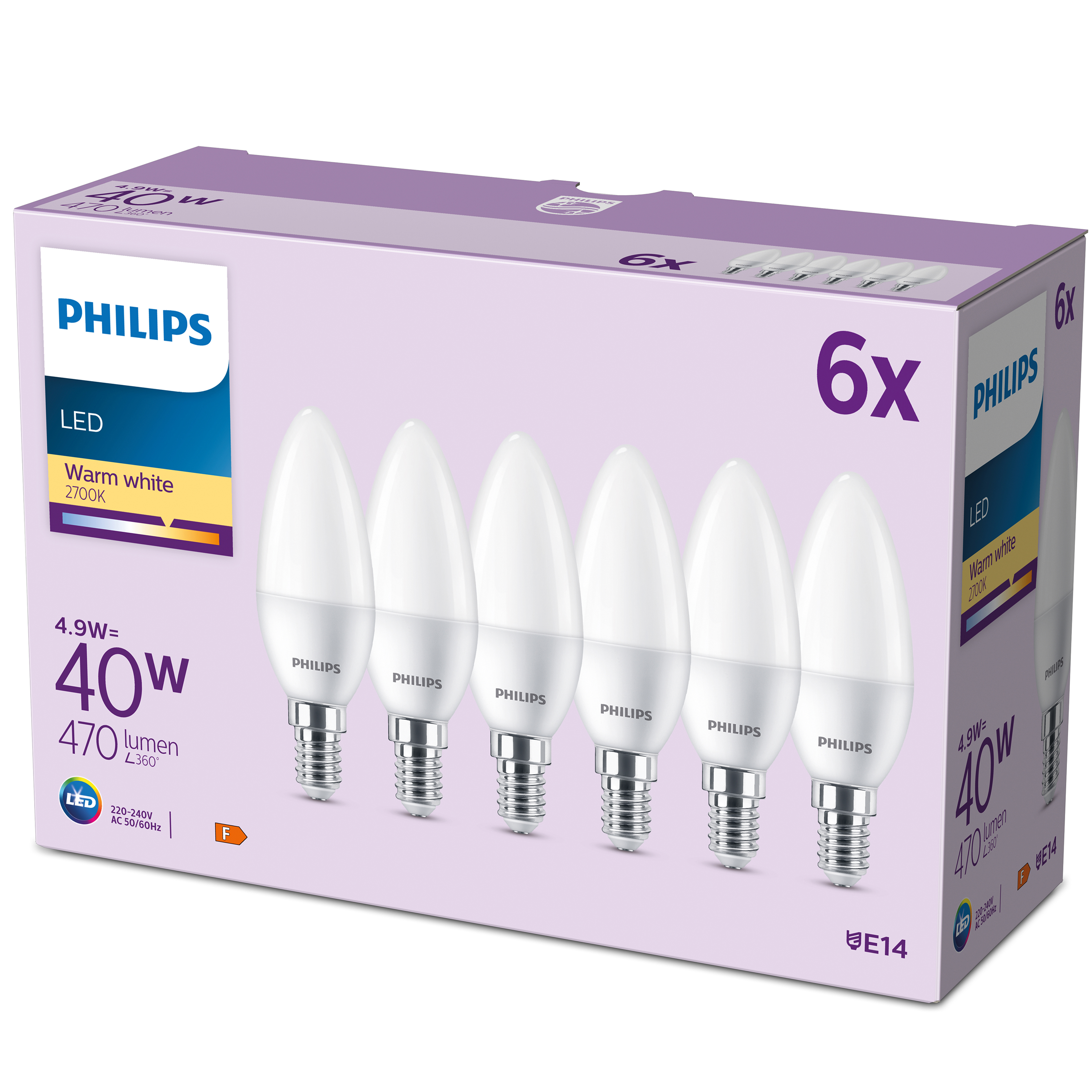 Boîte de 6 ampoules LED Philips type bougie, blanc chaud, 40W.