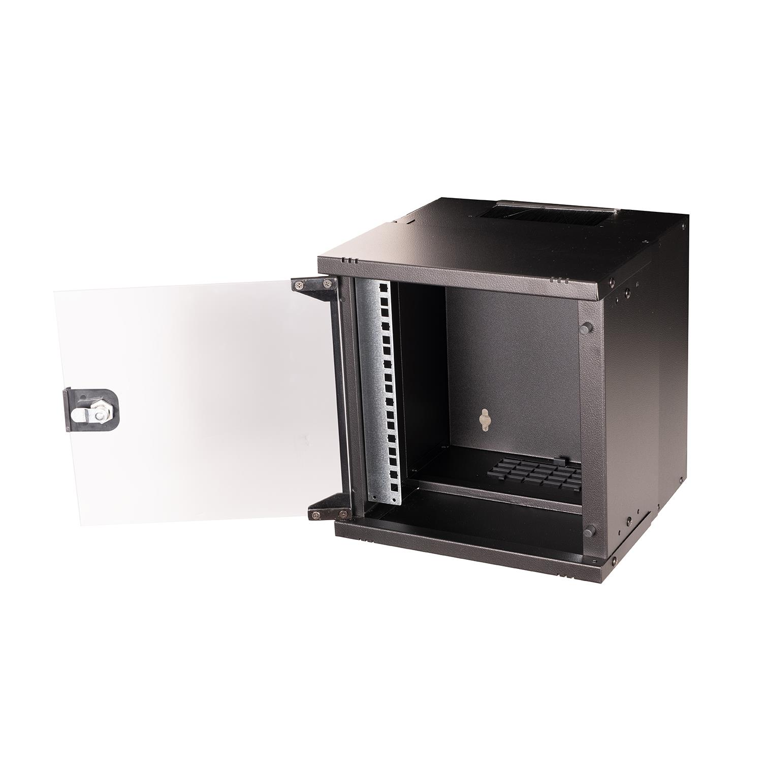 İçinde cam kapak açık ve rack rayları bulunan siyah bir rack kabini.