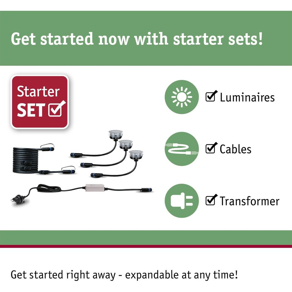 Starter-Set mit Leuchten, Kabeln und Transformator abgebildet.