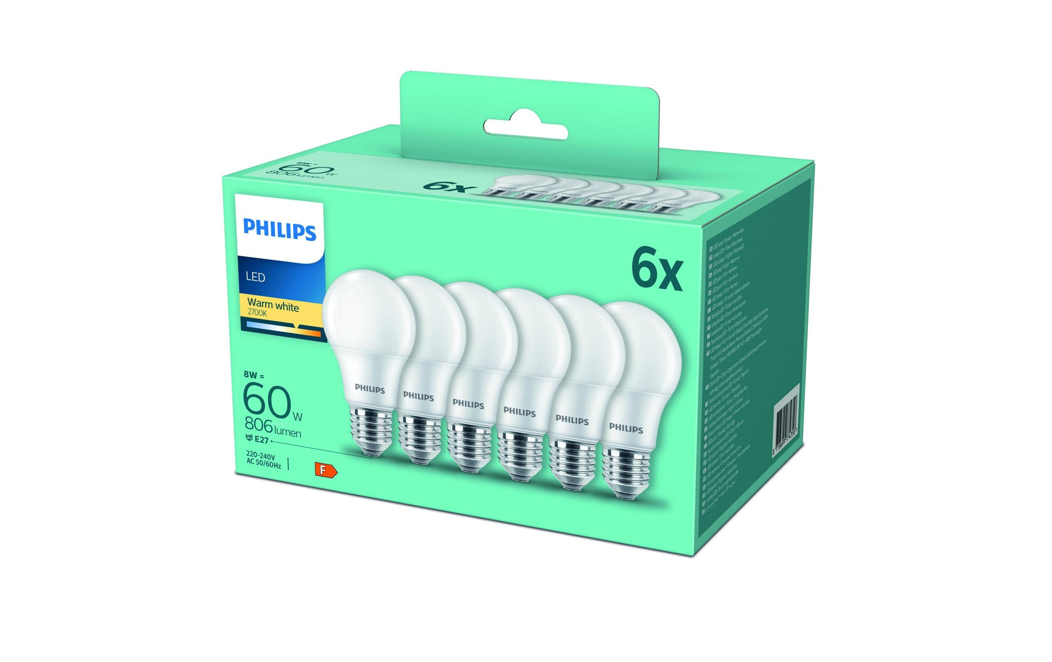 Packung mit 6 Philips LED-Lampen, warmweiß, 8W, 60W Äquivalent.