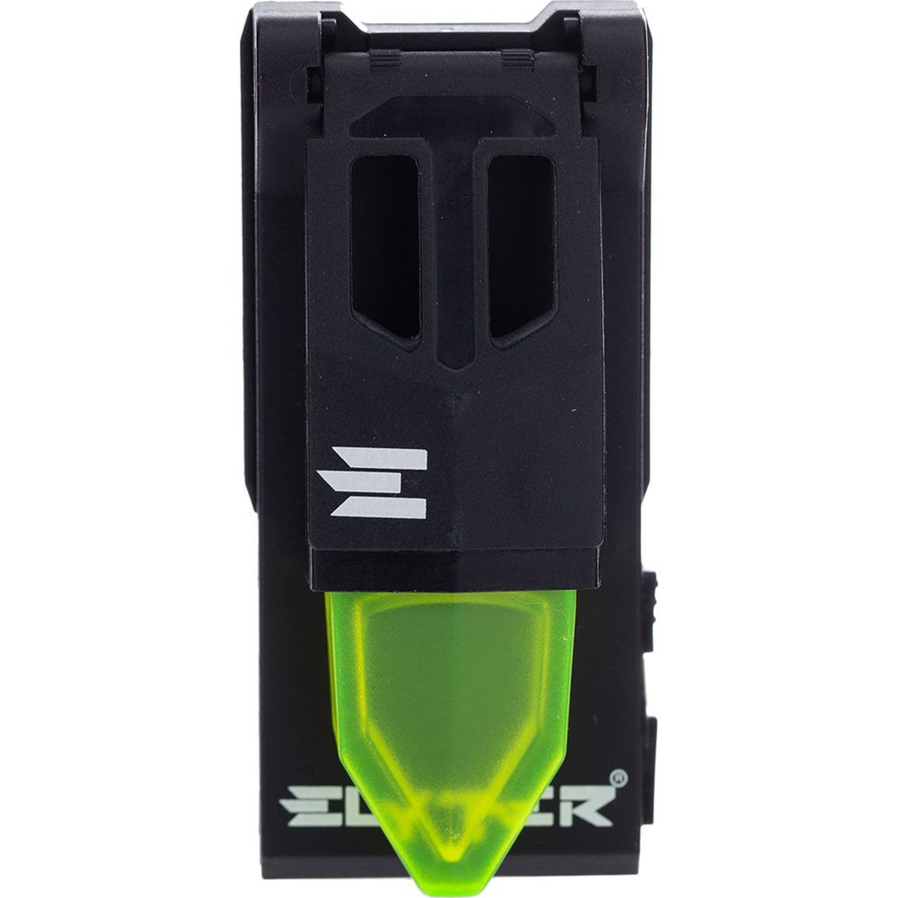 Objet noir avec accent vert et mécanisme de clip.