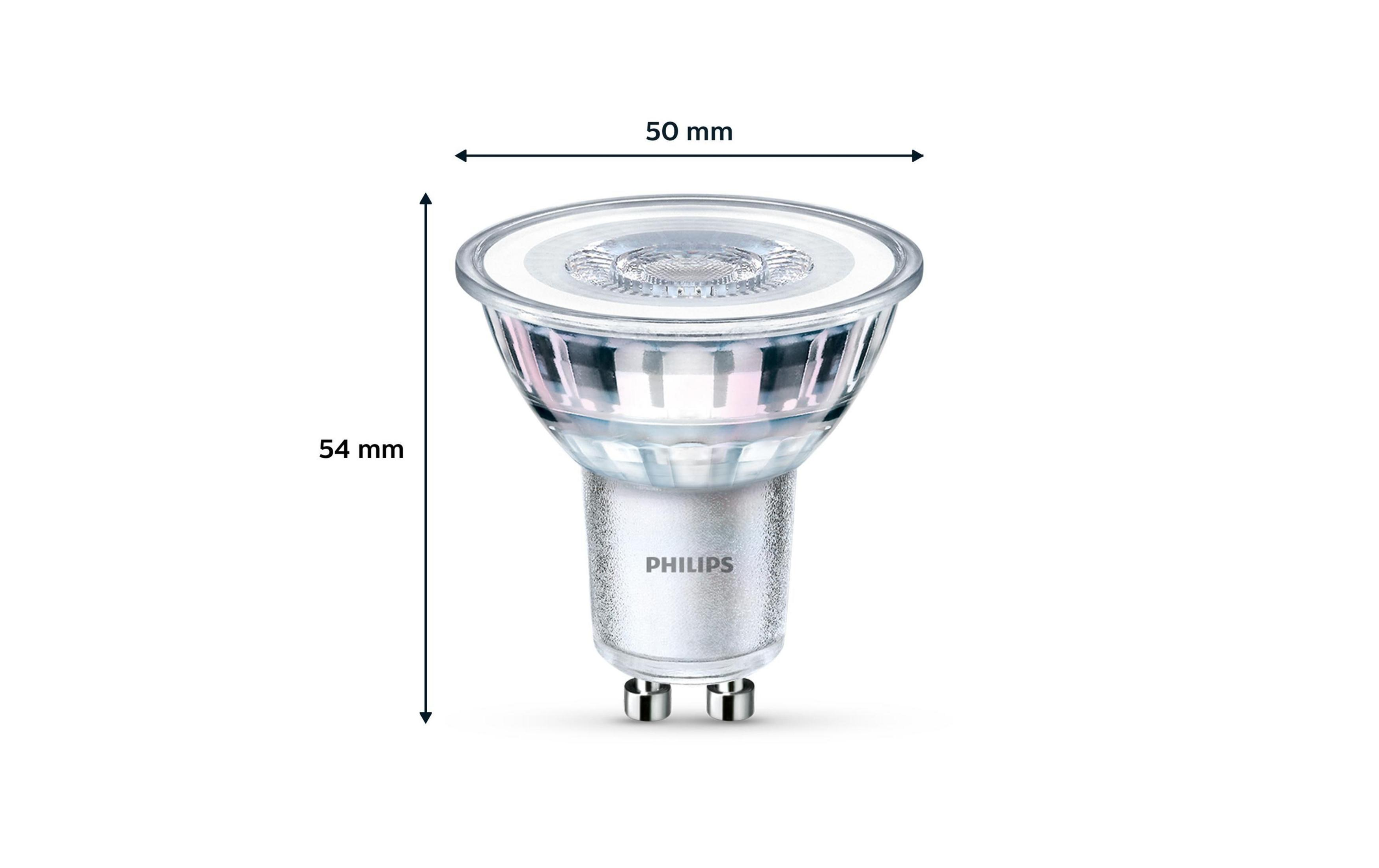 Philips LED spot bulb, 50mm wide, 54mm high, with two pins.