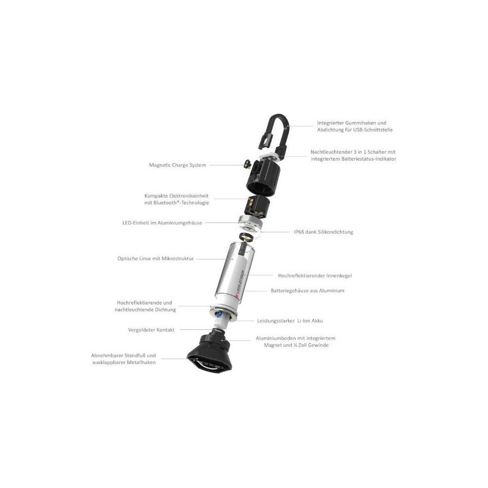 Vue éclatée d'une lampe de poche avec de nombreux composants et étiquettes en allemand.