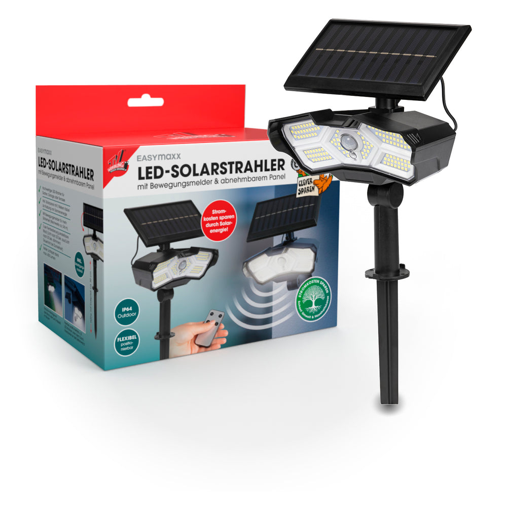 Ein LED-Solarstrahler mit Bewegungsmelder und abnehmbarem Panel steht neben seiner Verpackung.