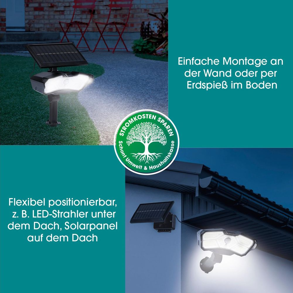 Solar-LED-Strahler mit Montageoptionen an Wand, Erdspieß oder Dach.