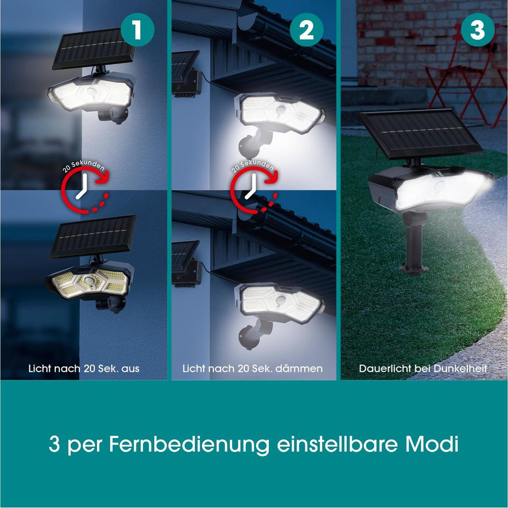 Solarleuchte mit drei Modi: nach 20 Sek. aus, gedimmt oder Dauerlicht.