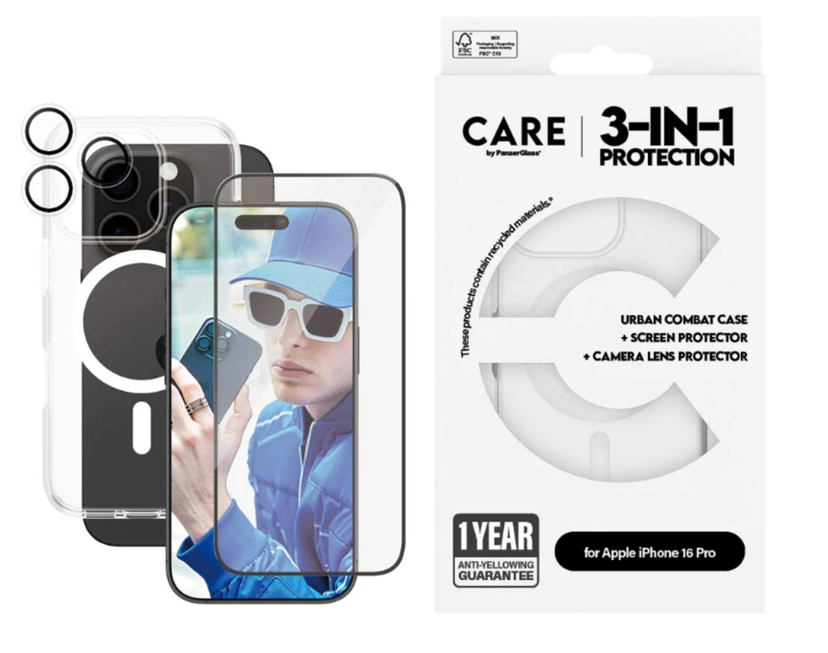 iPhone 16 Pro kılıfı, ekran koruyucu ve lens koruyucu seti.