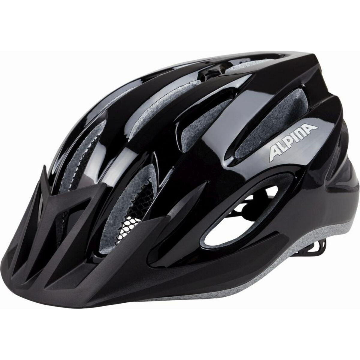 Czarny kask rowerowy Alpina z otworami wentylacyjnymi i daszkiem.