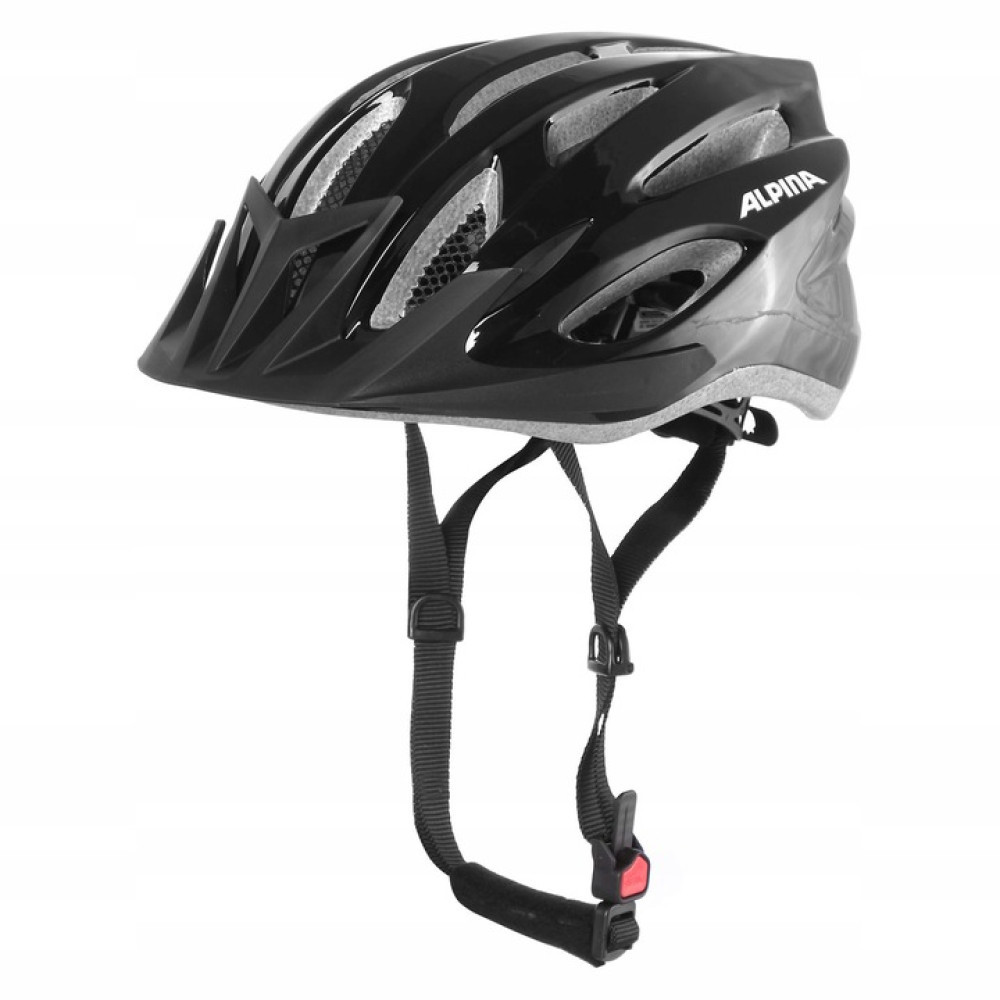 Czarny kask rowerowy Alpina z paskiem podbródkowym i otworami wentylacyjnymi.