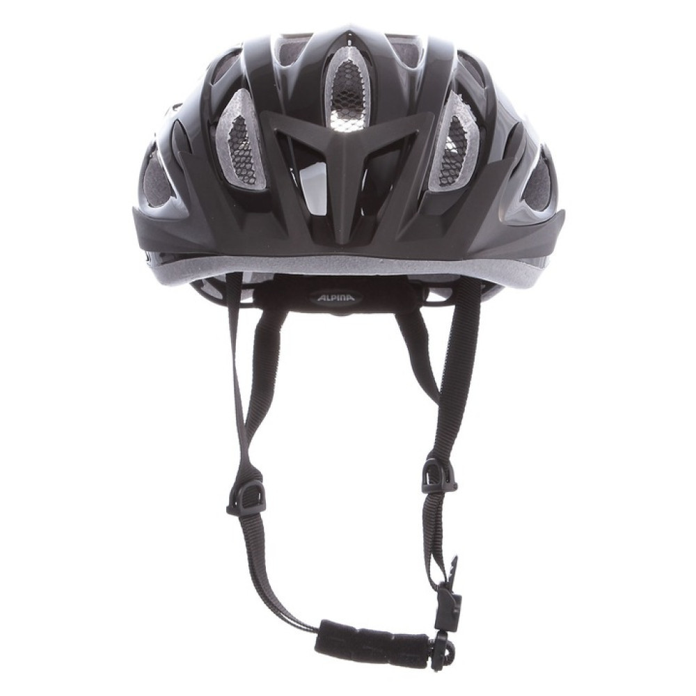 Czarny kask rowerowy z otworami wentylacyjnymi i paskami. Widoczne logo Alpina.