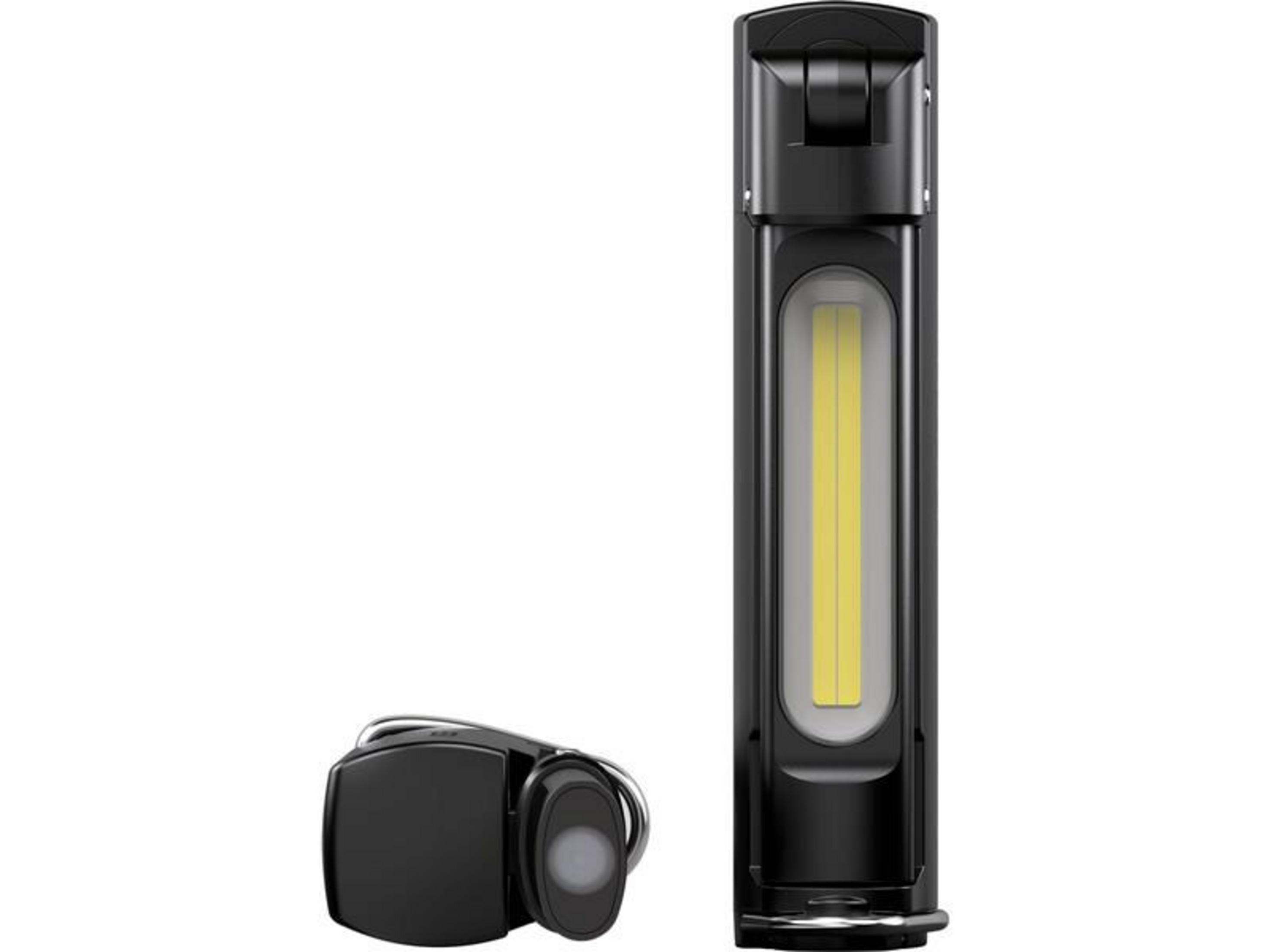 Une lampe de travail noire de type bâton et une petite lampe de poche porte-clés noire.