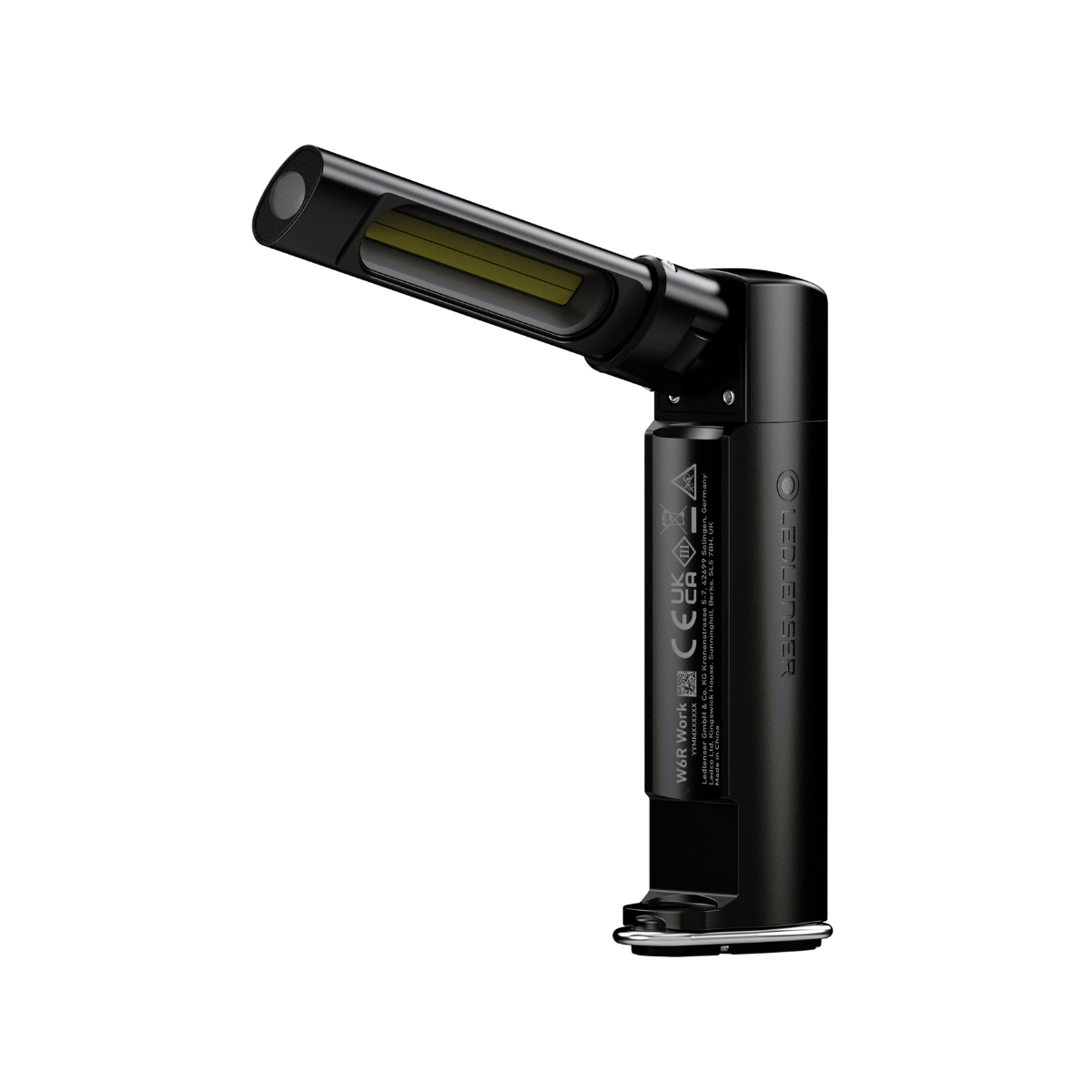 Lampe de travail noire avec tête pivotante sur fond blanc.