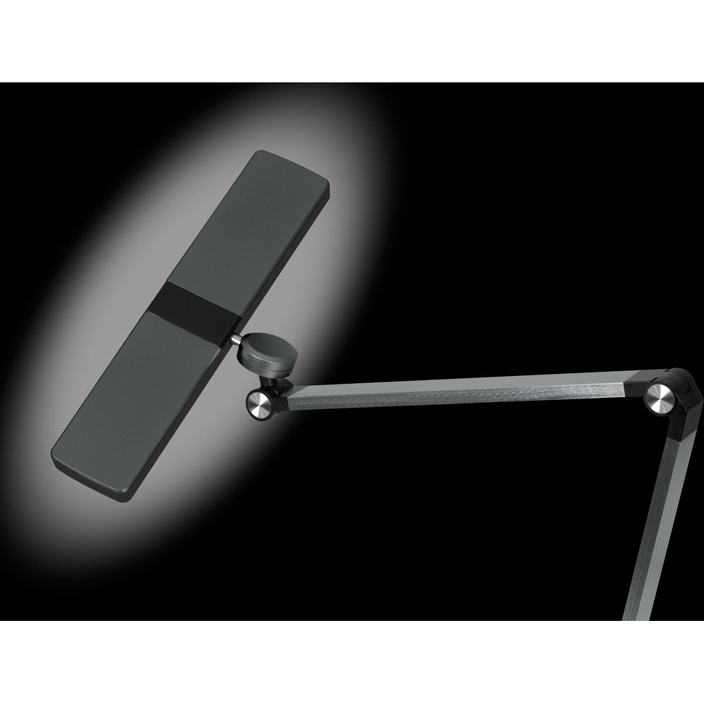 Grauer Tablet-Ständer mit verstellbarem Arm auf schwarzem Hintergrund.