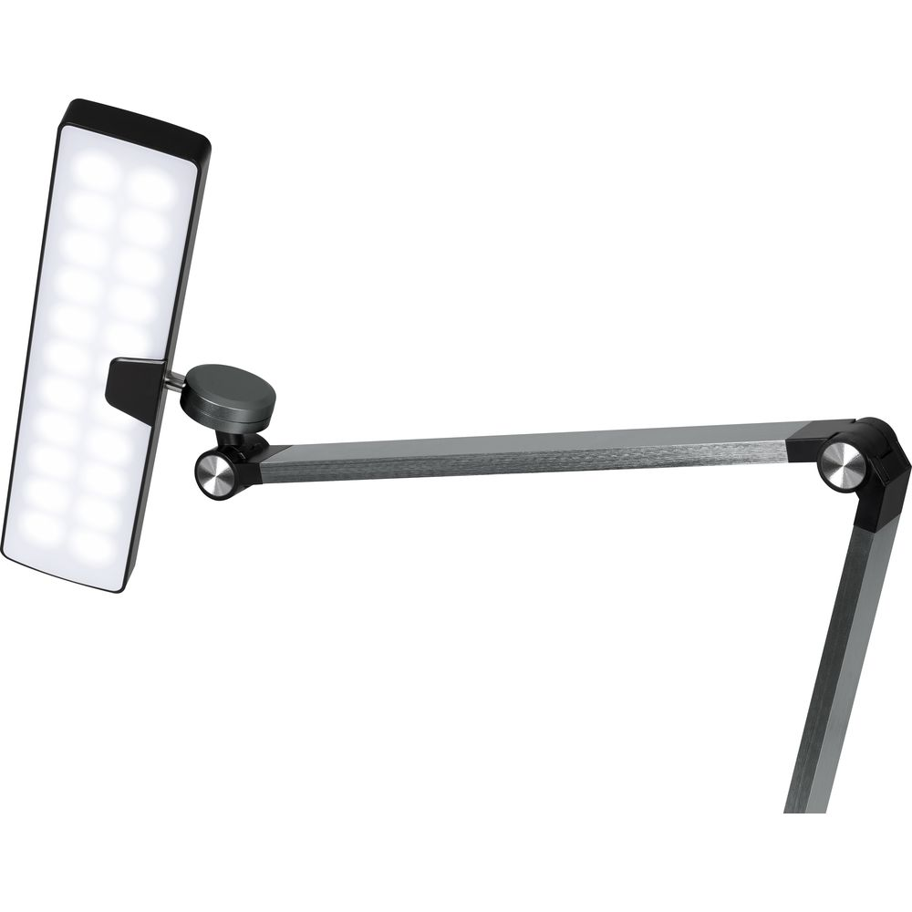 Ein beleuchteter LED-Panel mit einem verstellbaren Arm auf weißem Hintergrund.