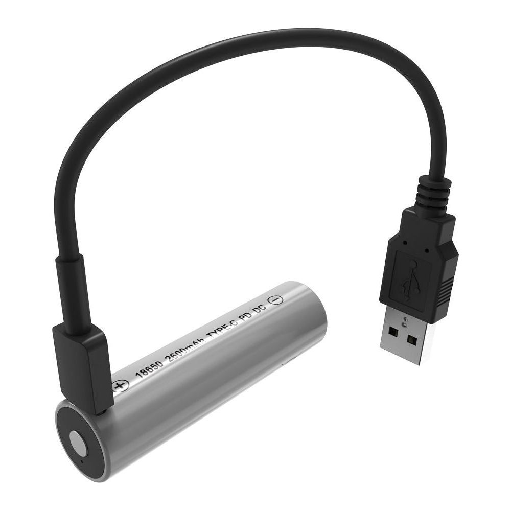 Batterie cylindrique argentée 18650 avec câble USB-C attaché.