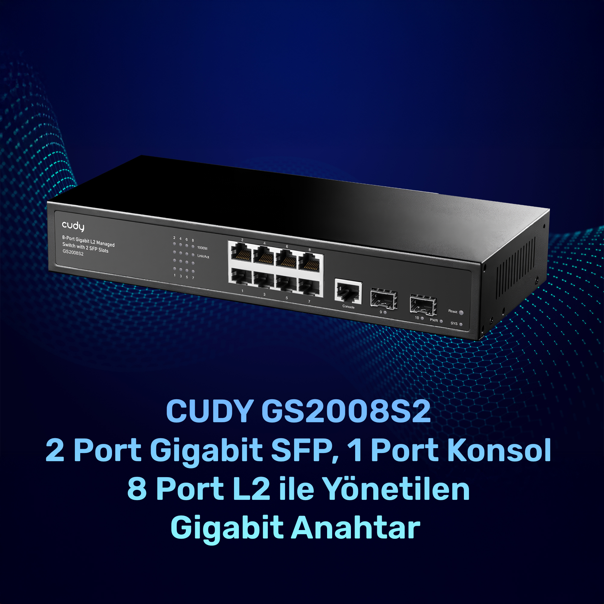Uno switch Gigabit CUDY GS2008S2 nero con 8 porte, 2 SFP e 1 porta console.