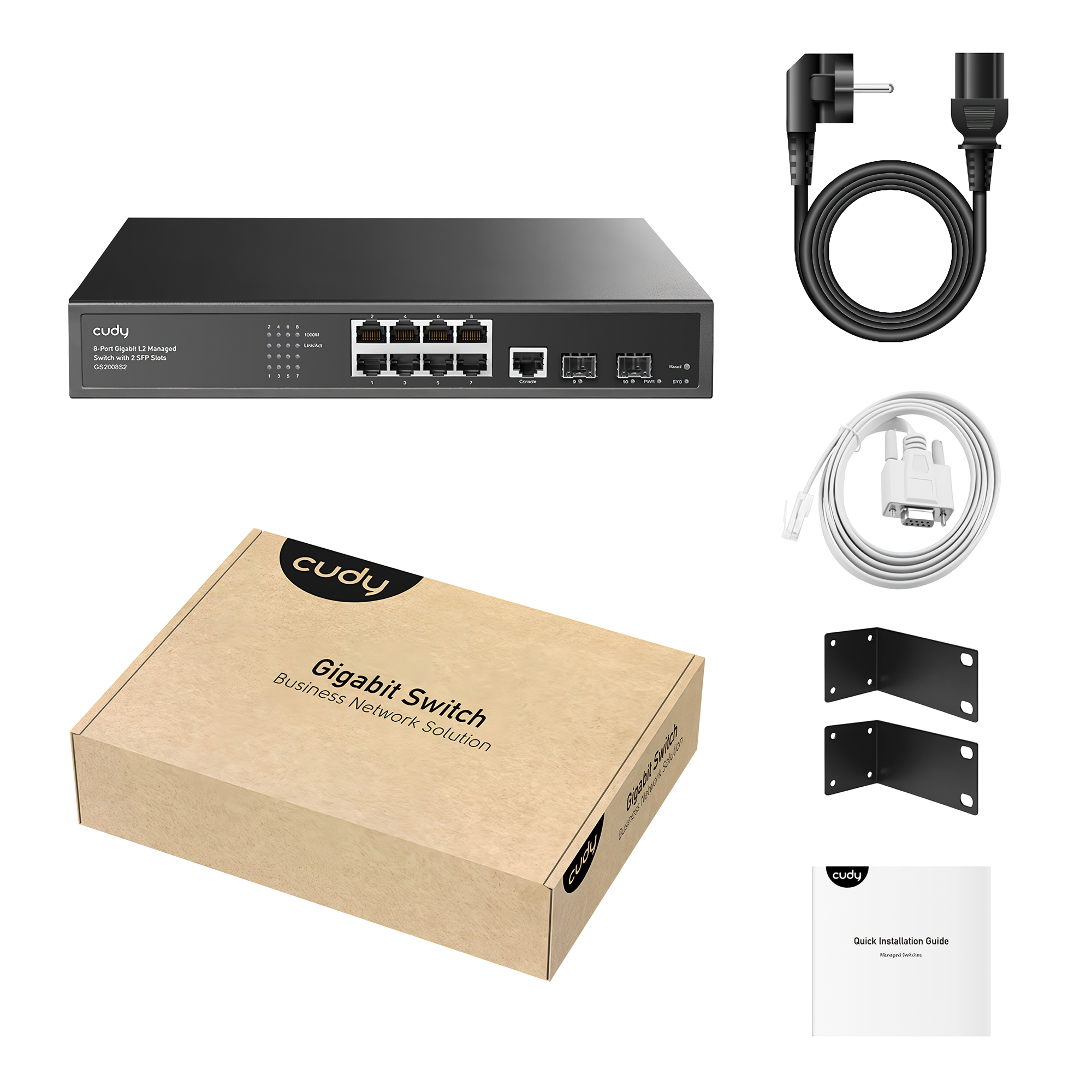 Switch Gigabit Cudy, cavo di alimentazione, cavo console, supporti rack e guida.
