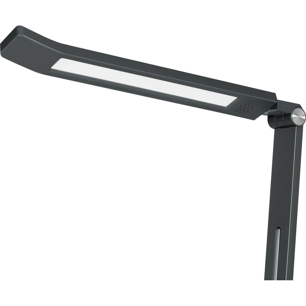 Eine moderne, dunkelgraue LED-Schreibtischlampe mit schlankem, verstellbarem Arm, nach oben gewinkelt.