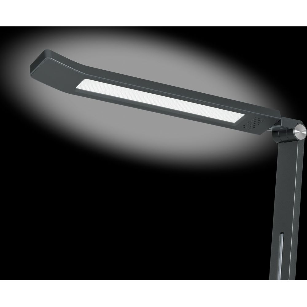 Dunkelgraue Schreibtischlampe mit LED-Lichtleiste und Gelenk.