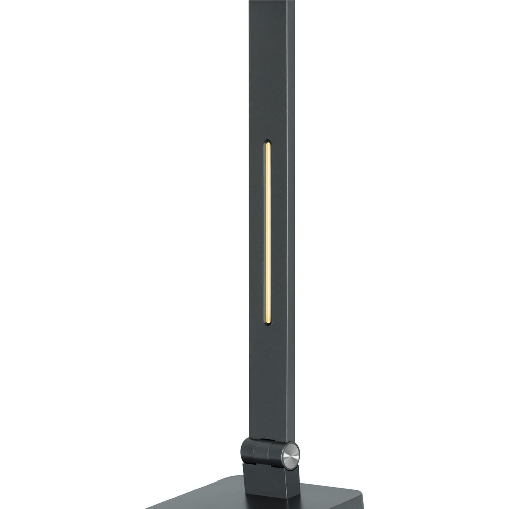 Dunkelgraue Lampe mit schmalem Lichtstreifen und Gelenk, auf weißem Hintergrund.