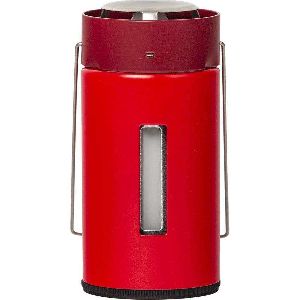 Ein roter Zylinder mit Metallgriff und einem schmalen Sichtfenster.