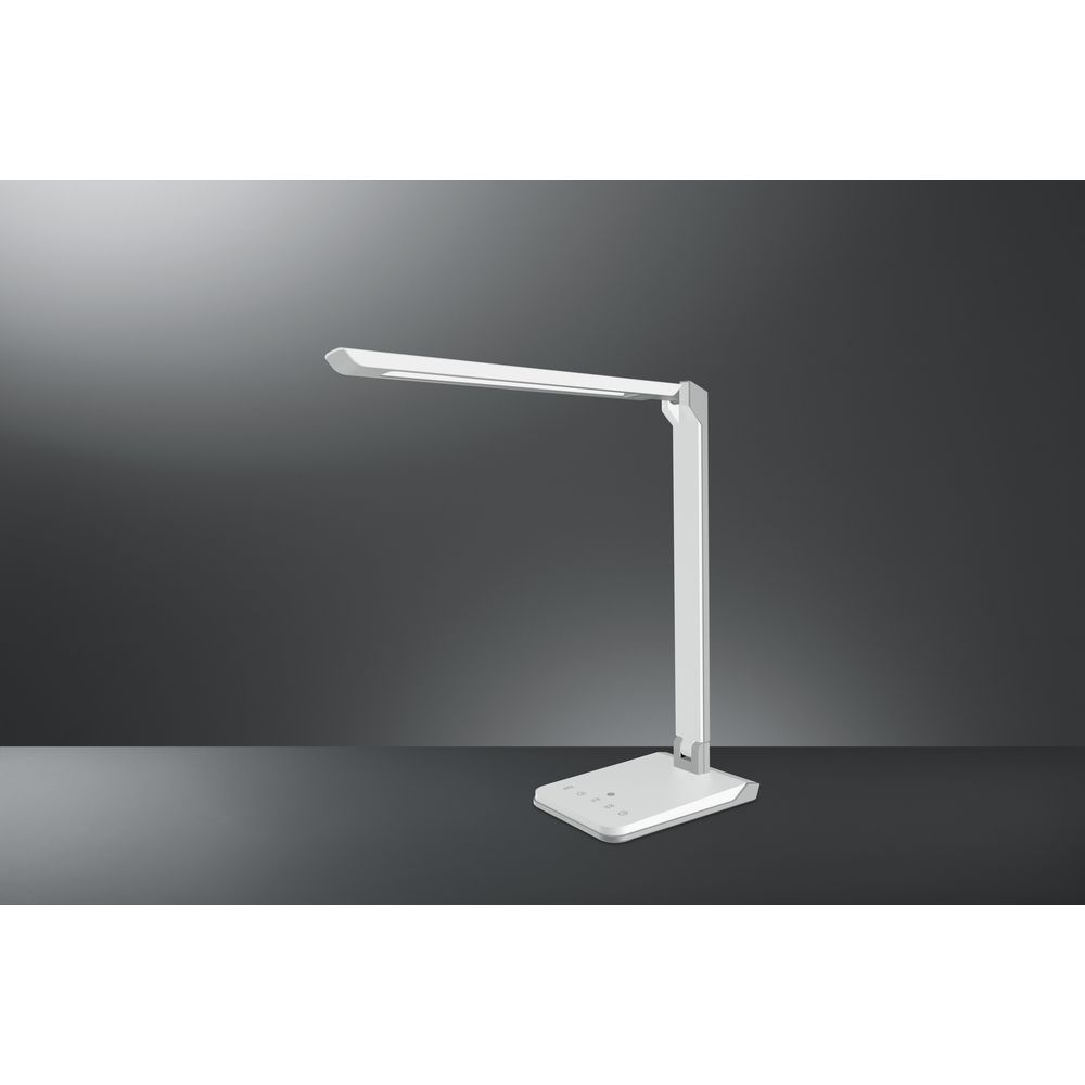 Eine weiße LED-Schreibtischlampe mit schwenkbarem Arm und rechteckiger Basis mit Touch-Bedienelementen.