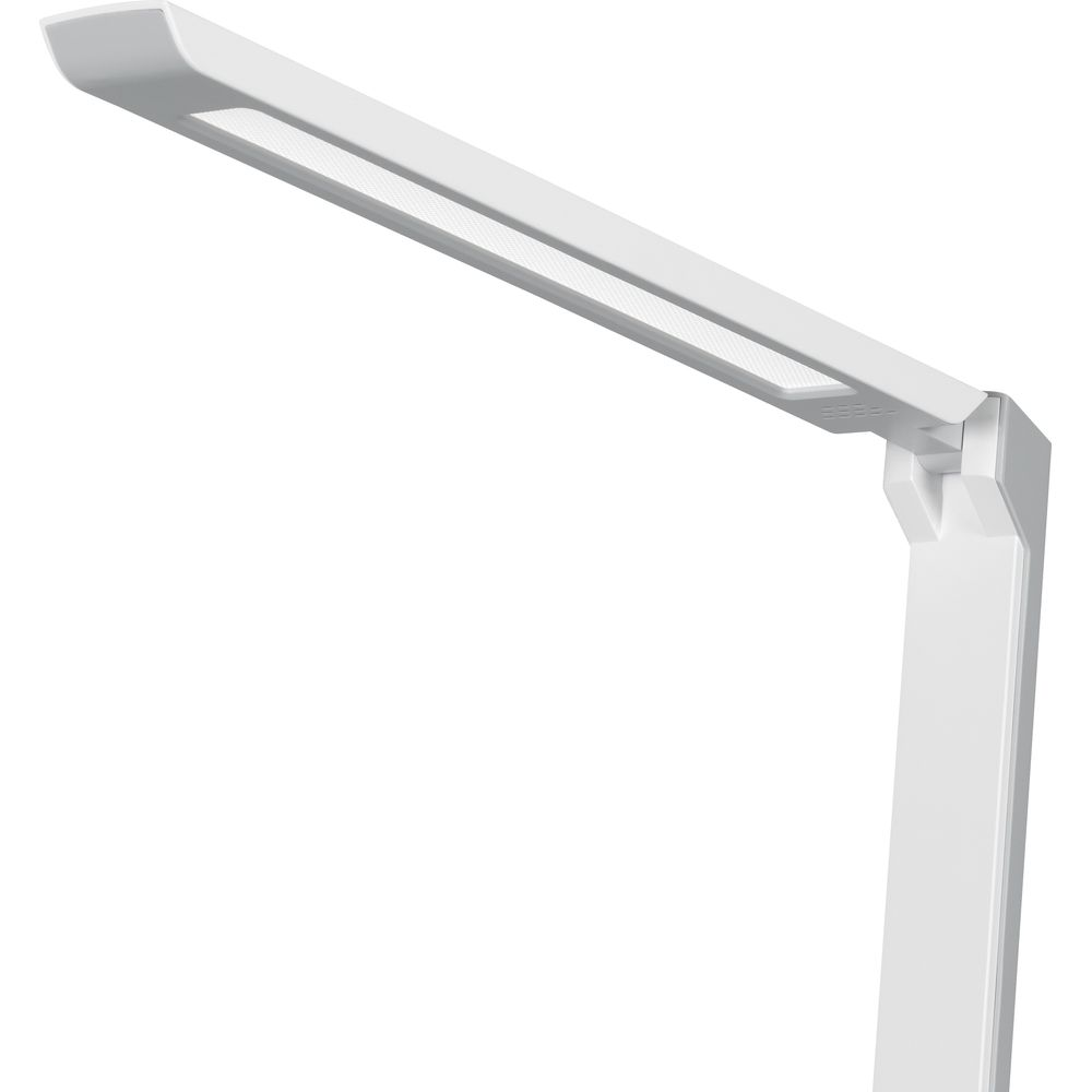 Eine weiße Schreibtischlampe mit LED-Leiste auf weißem Hintergrund.