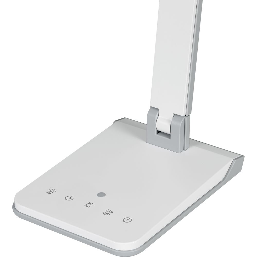 Weißer LED-Schreibtischlampensockel mit Touch-Steuerung und grauem Gelenk.