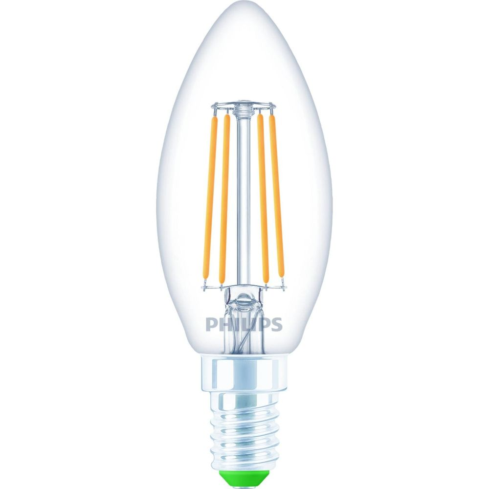 Una lampadina a candela trasparente con quattro filamenti Edison e base argentata.