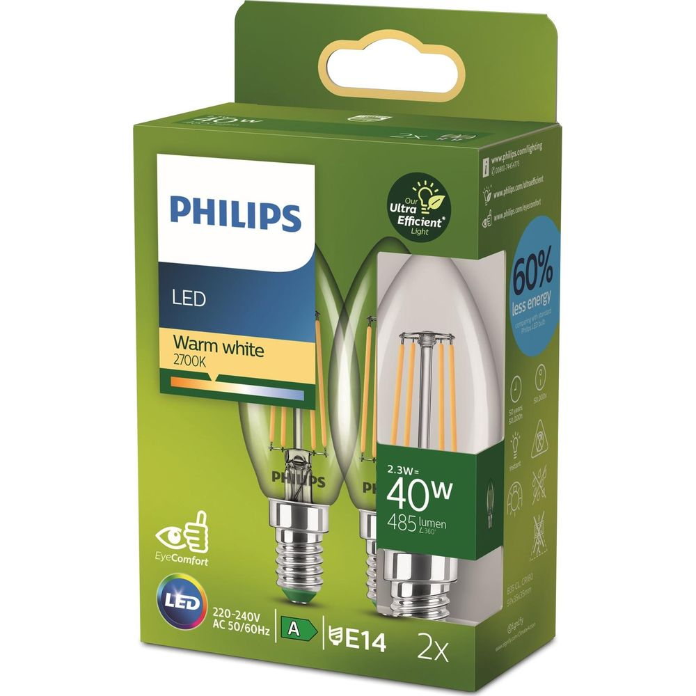 Lampadine LED Philips a candela, bianco caldo 2700K, 2 pezzi in confezione verde.