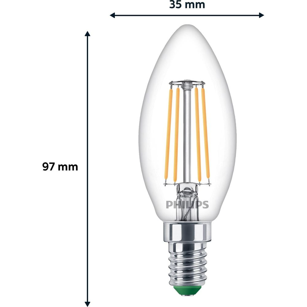 Lampadina a candela trasparente con base E14 e quattro filamenti. Misura 97x35mm.