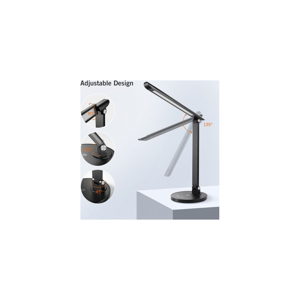 Schwarze Schreibtischlampe mit einstellbarem Arm auf einer weißen Oberfläche.