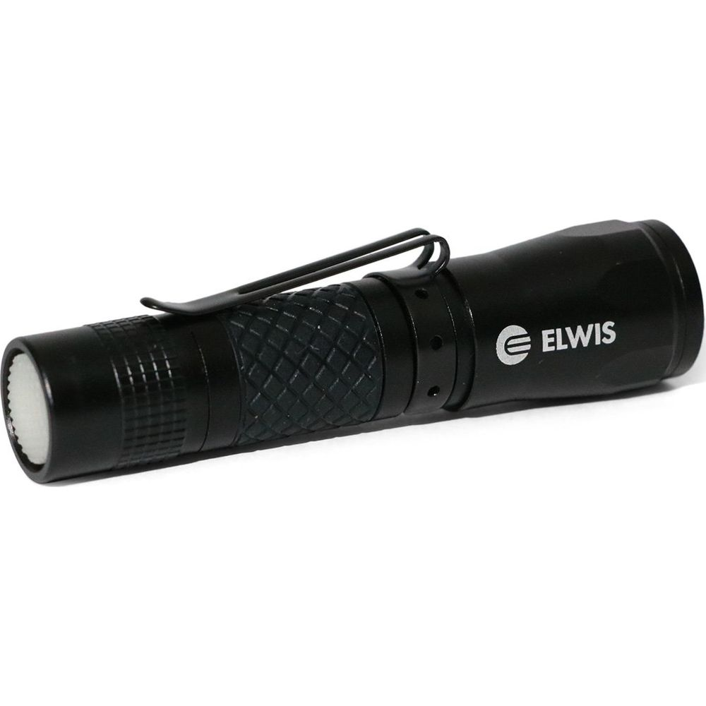 Lampe de poche ELWIS noire avec clip et grip texturé.