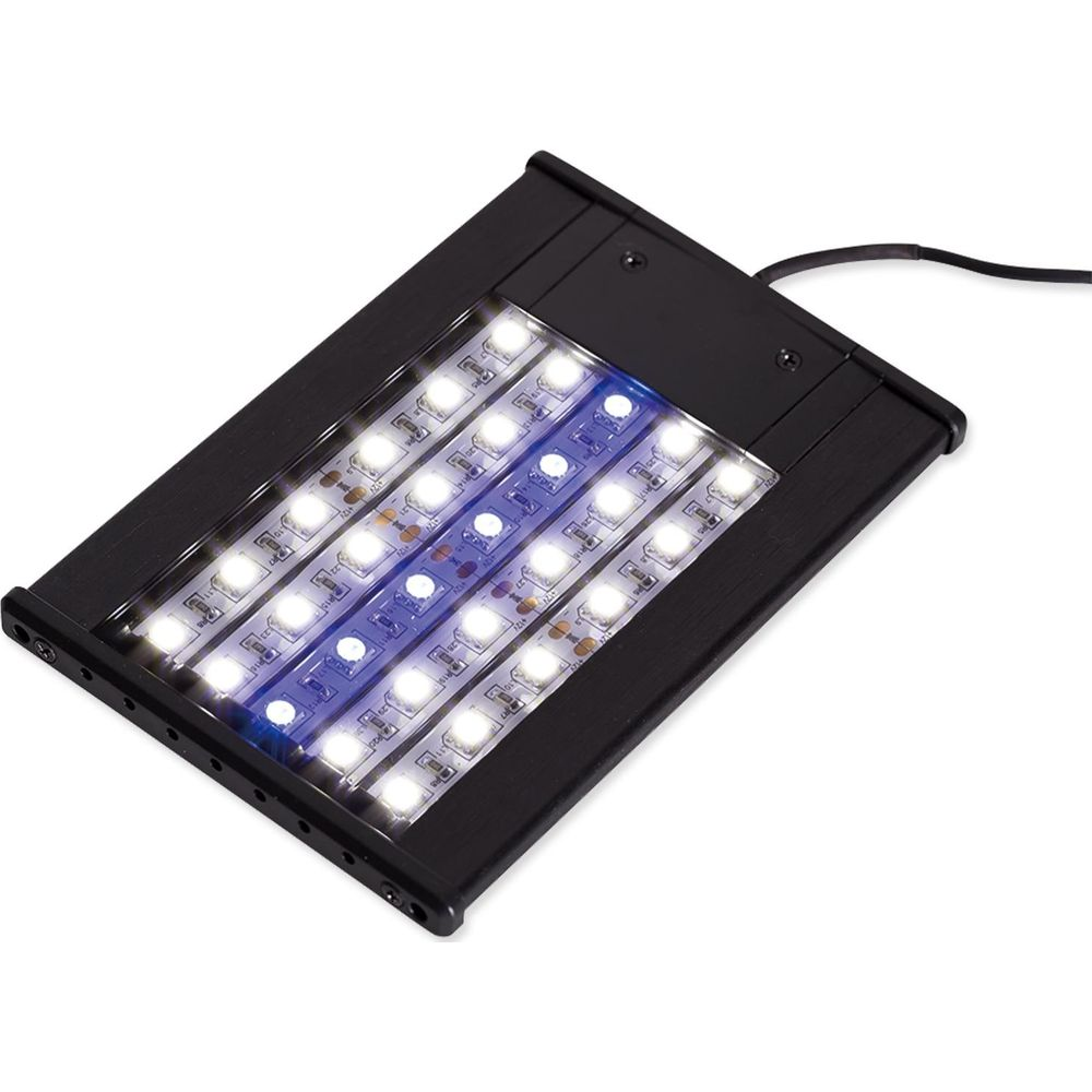 Schwarze LED-Aquarienleuchte mit weißen und blauen LEDs, auf weißem Hintergrund.