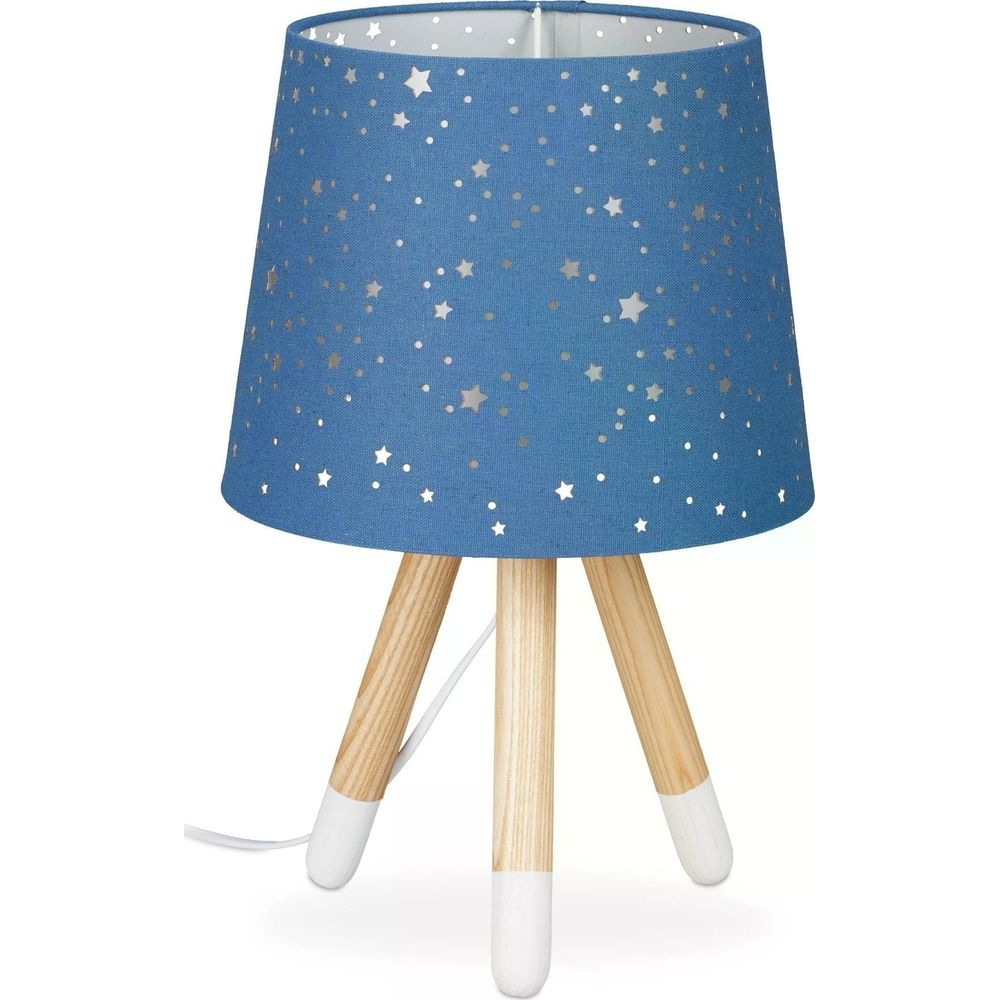 Blaue Lampe mit Sternenmuster und Holzbeinen.