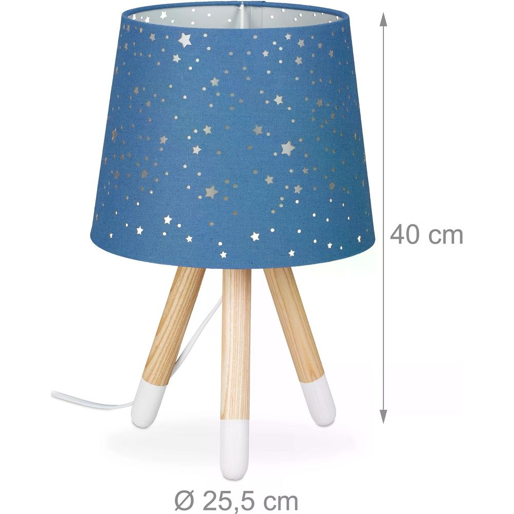 Blaue Lampe mit Sternenmuster auf Holzbein-Stativ. 40 cm hoch.