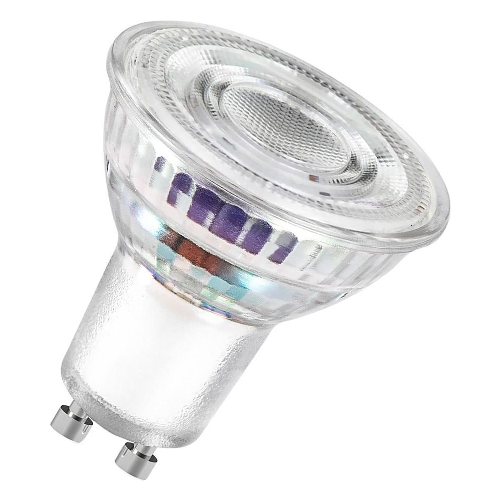 Eine klare LED-Glühbirne mit zwei Stiften und einem fokussierenden Reflektor.