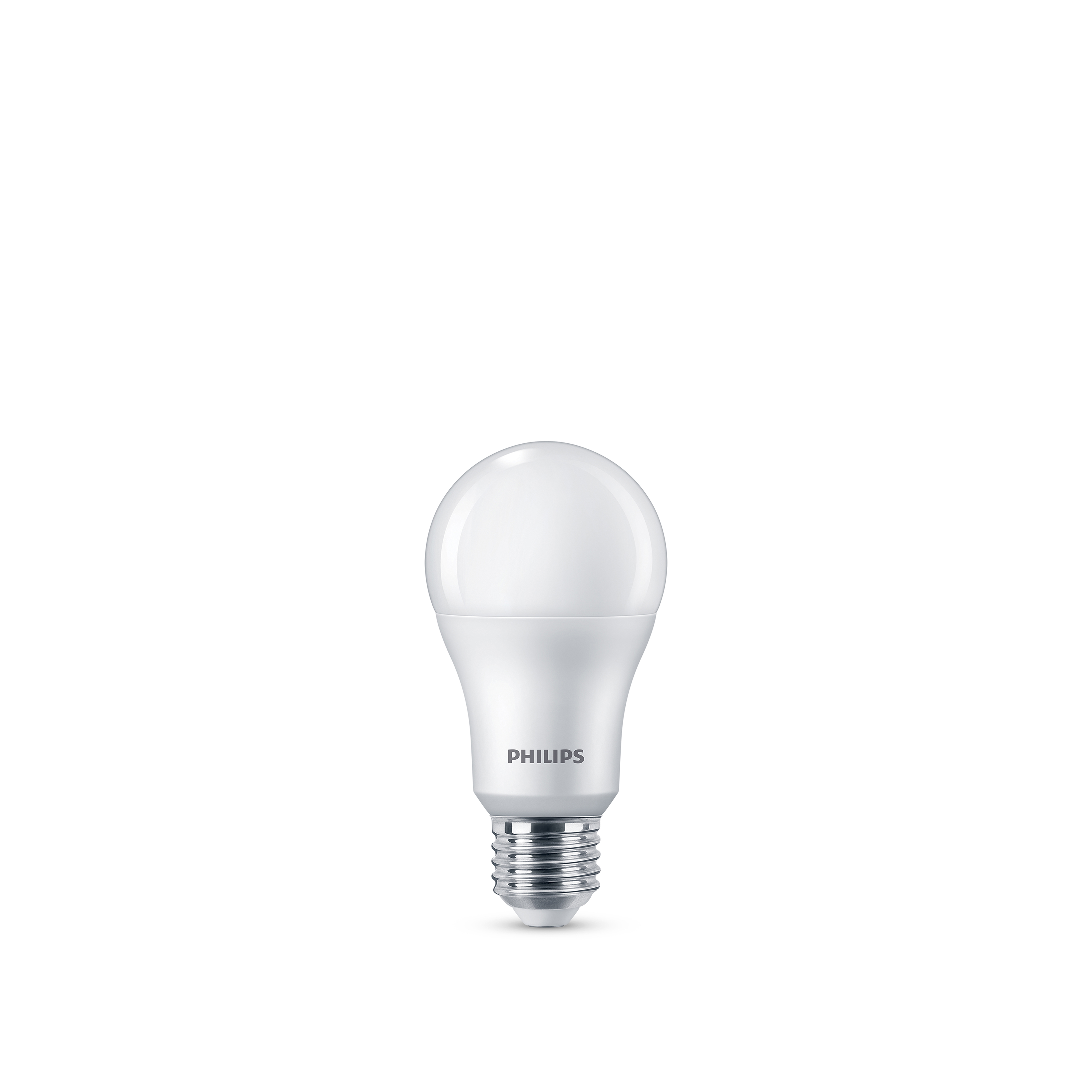 Eine weiße Philips LED-Lampe mit silbernem Gewindesockel auf weißem Grund.