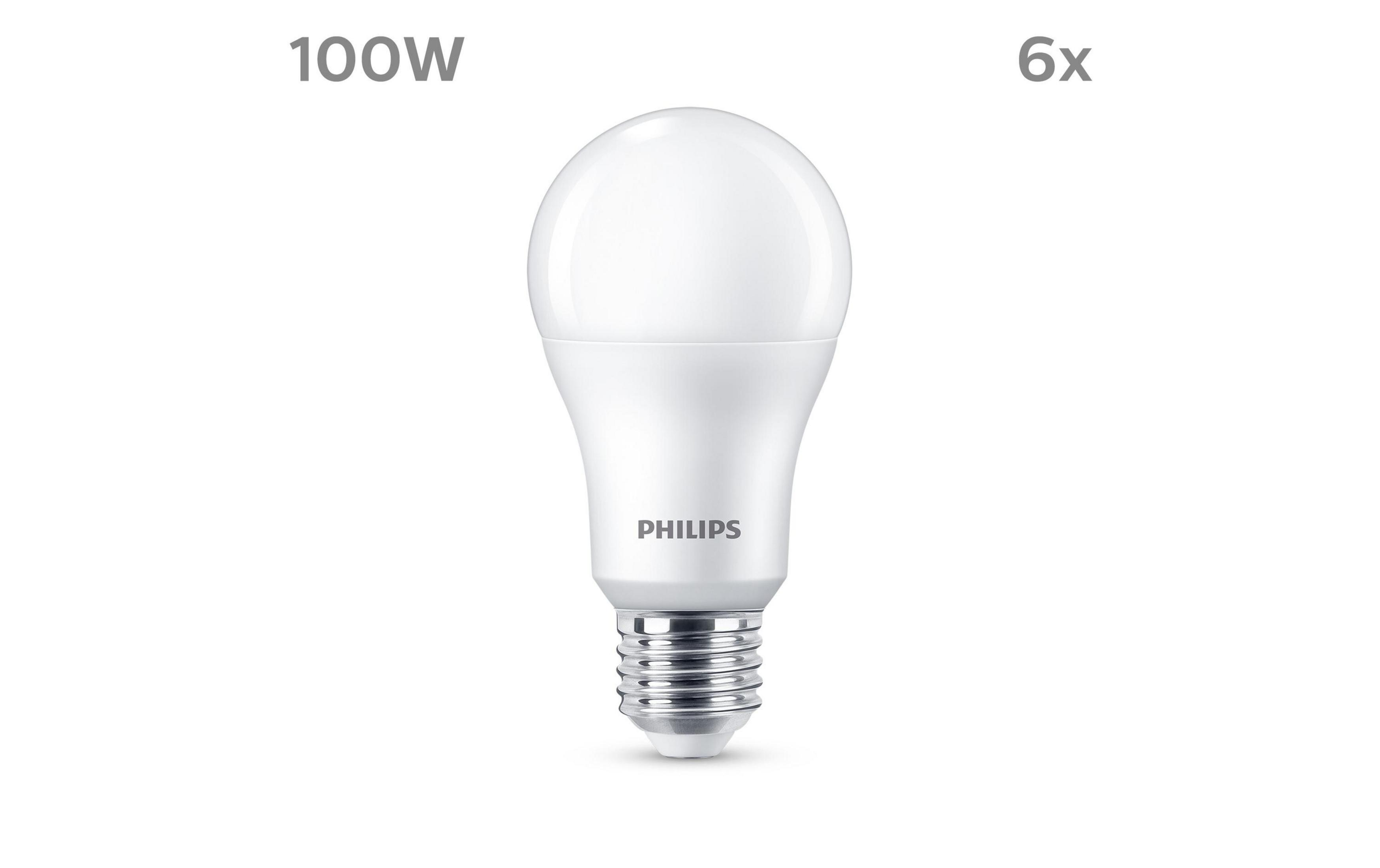 Eine weiße Philips-Glühbirne mit 100W wird sechsmal gezeigt.