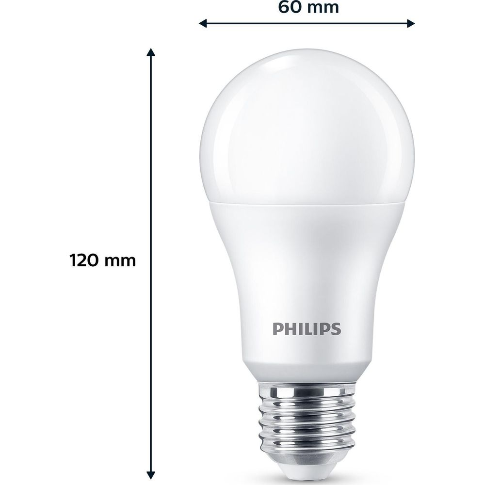 Weiße Philips LED-Lampe, 120 mm hoch, 60 mm breit.