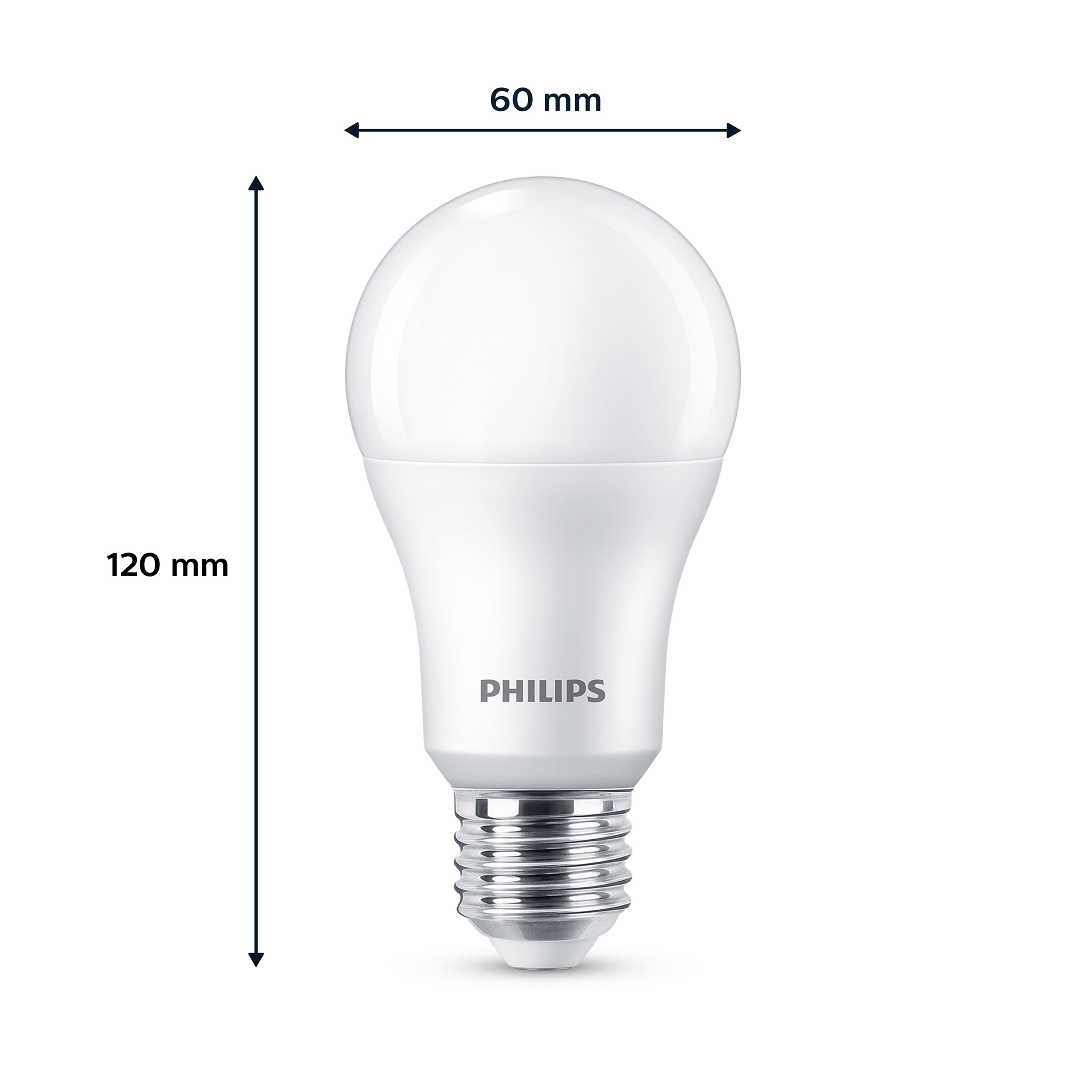 Eine weiße Philips LED-Glühbirne mit Maßangaben: 60mm Breite, 120mm Höhe.