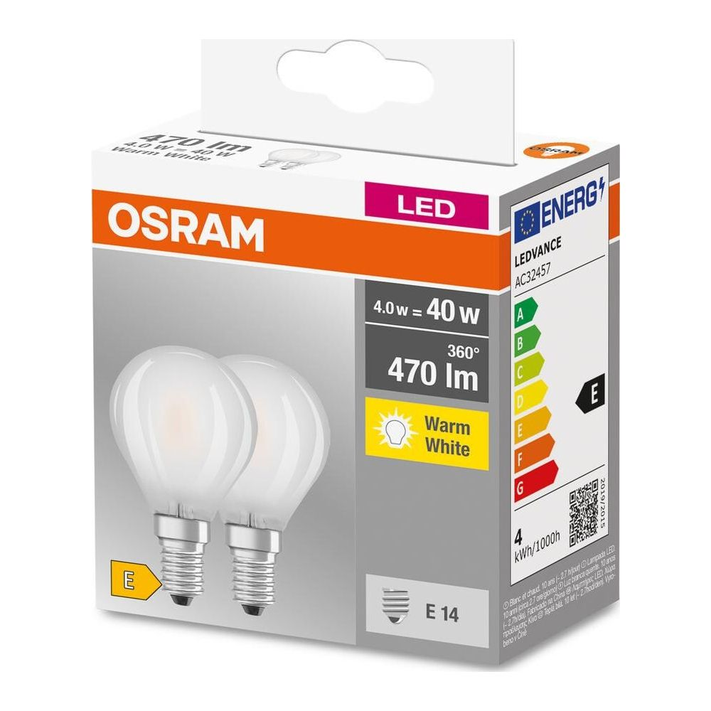 Verpackung für zwei Osram LED-Lampen, warmweiß, 4,0W, 470lm, E14 Sockel.