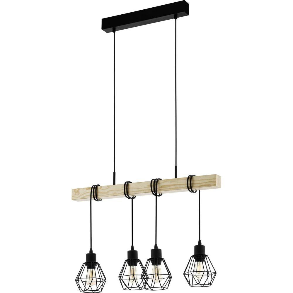 Eine schwarze Hängeleuchte mit vier Lampen und einem Holzträger.