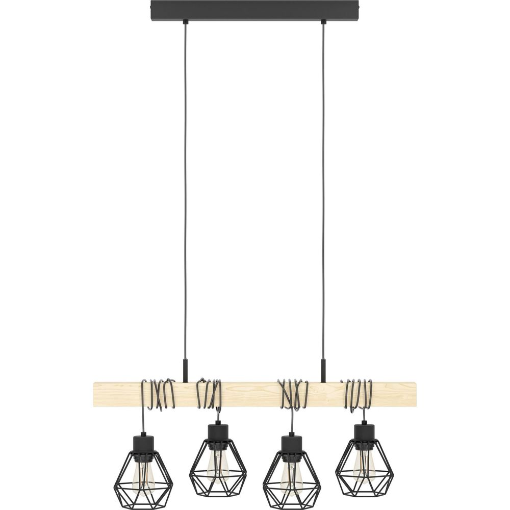 Holzbalken-Pendelleuchte mit vier schwarzen Drahtkäfig-Lampenschirmen.