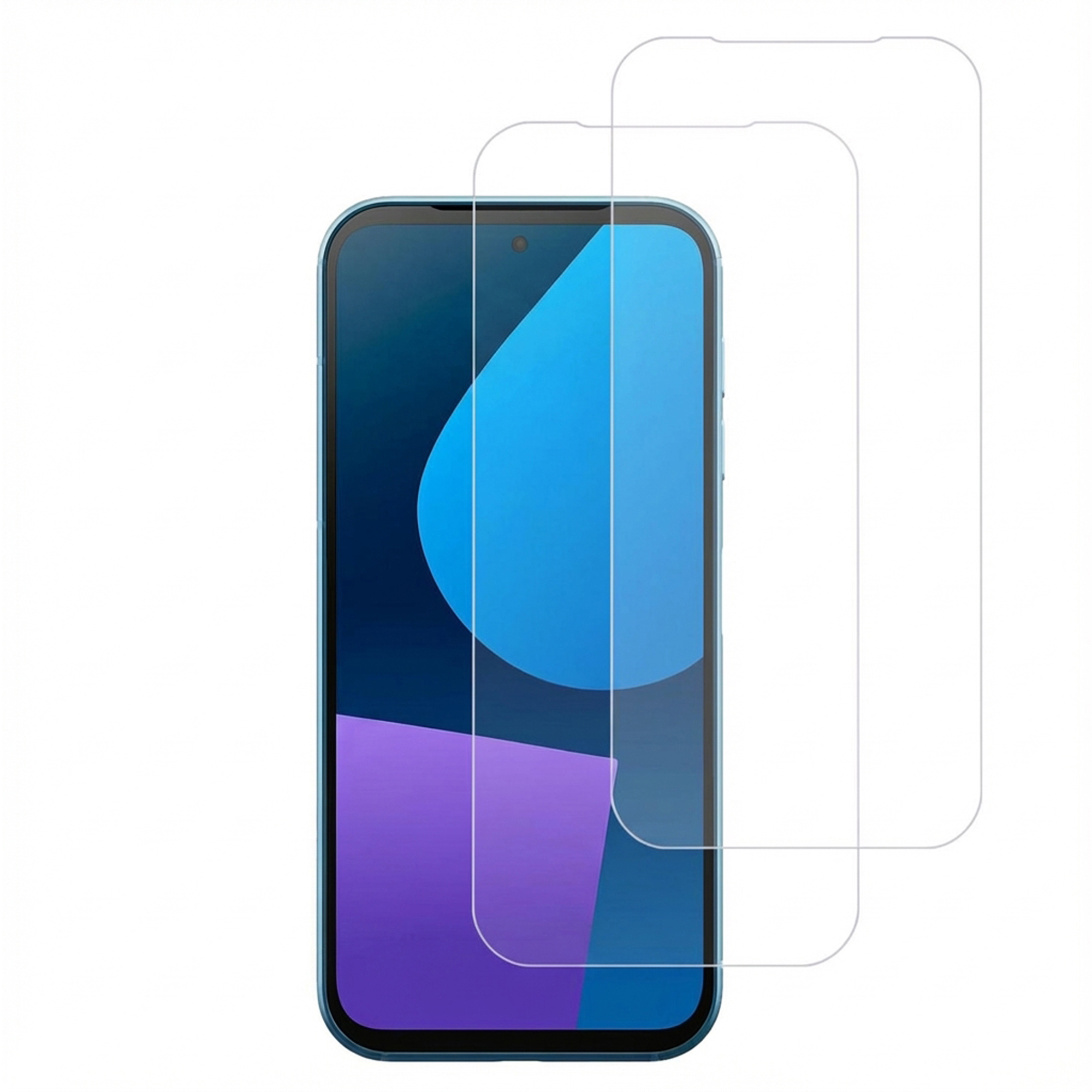 Deux protecteurs d'écran transparents pour un smartphone avec fond bleu.