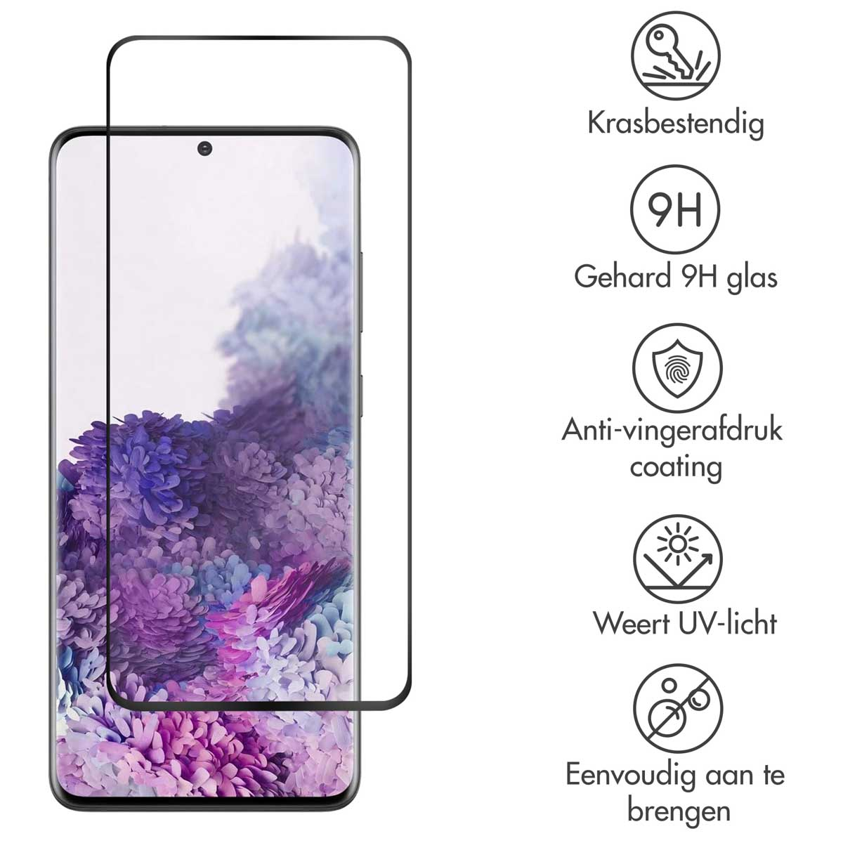 Un protecteur d'écran et un smartphone avec un fond floral violet.