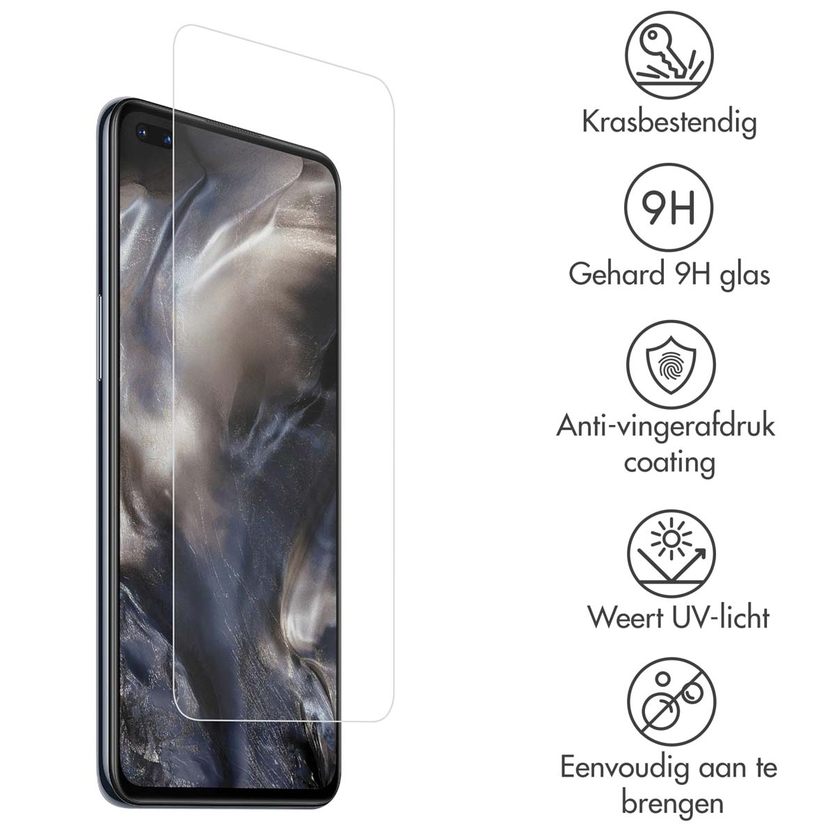 Una protezione per lo schermo di uno smartphone, con icone che indicano la resistenza ai graffi.