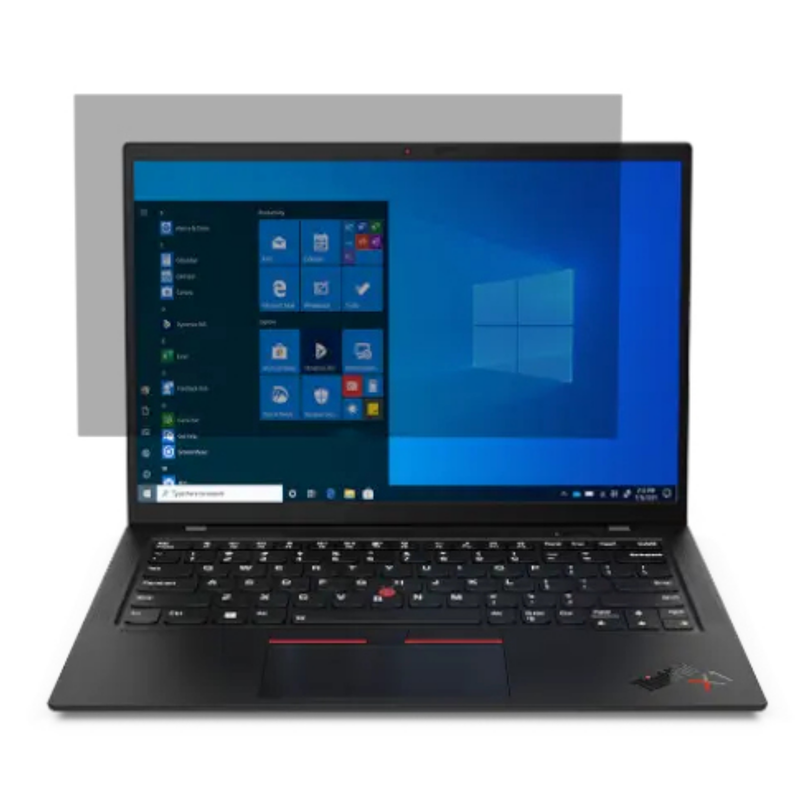 Un laptop nero con schermo Windows illuminato e tastiera.