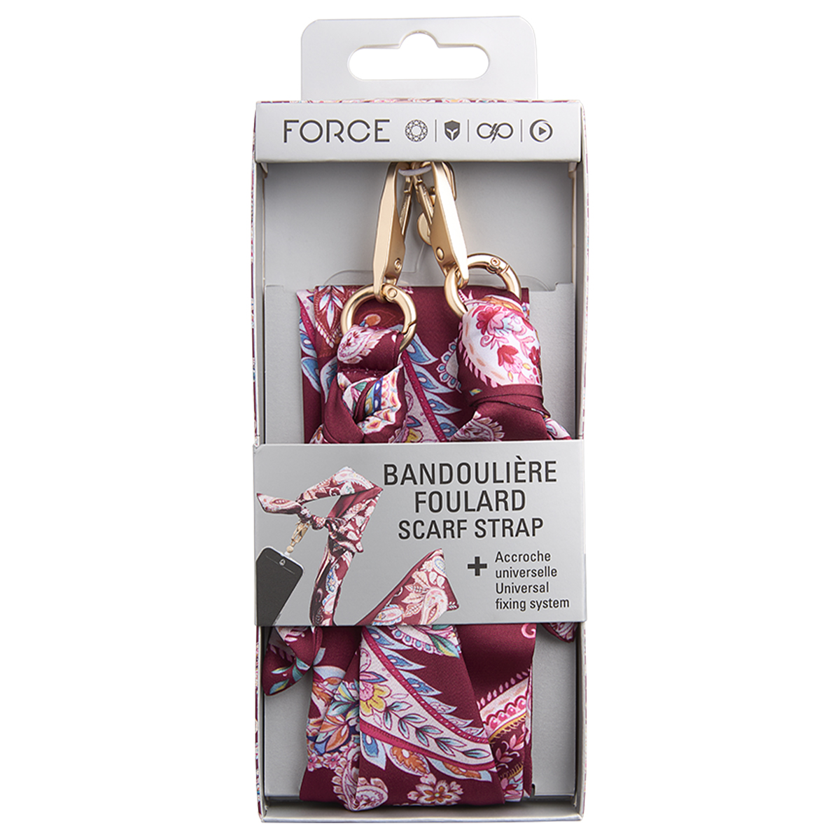 Confezione con tracolla per sciarpa bordeaux con clip dorate e motivo floreale.