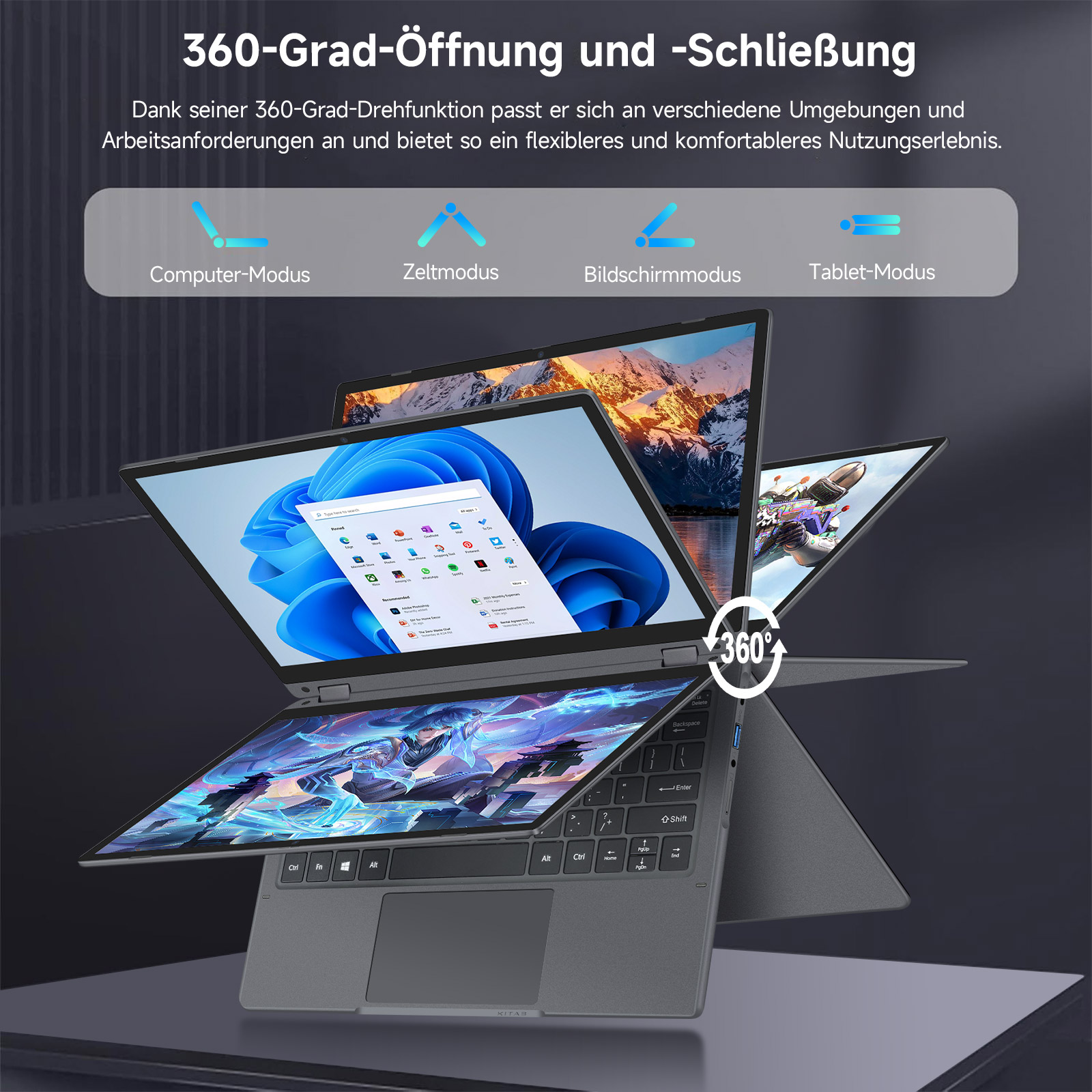 Ein graues 360-Grad-Notebook mit vier Modi: Computer, Zelt, Bildschirm und Tablet.